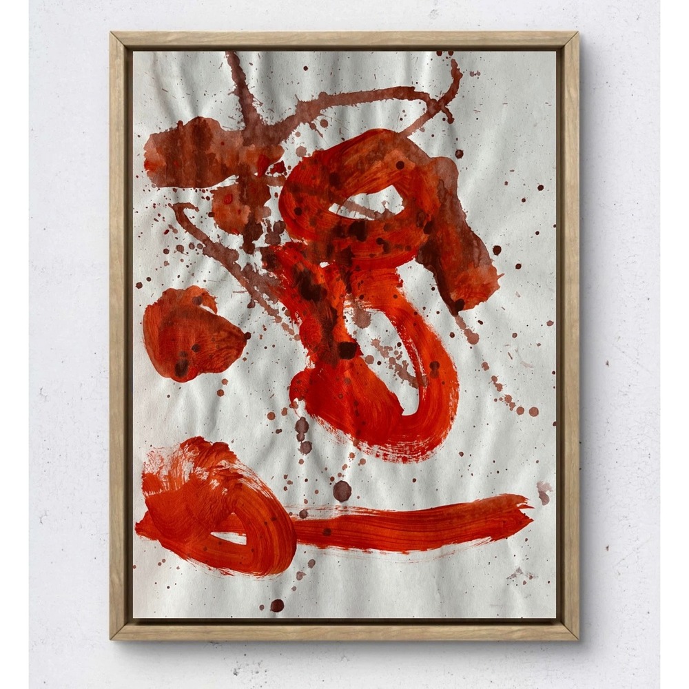 Original Abstract Orange Ink Painting on Paper 8.5x11 Minimalist Modern Wall Art